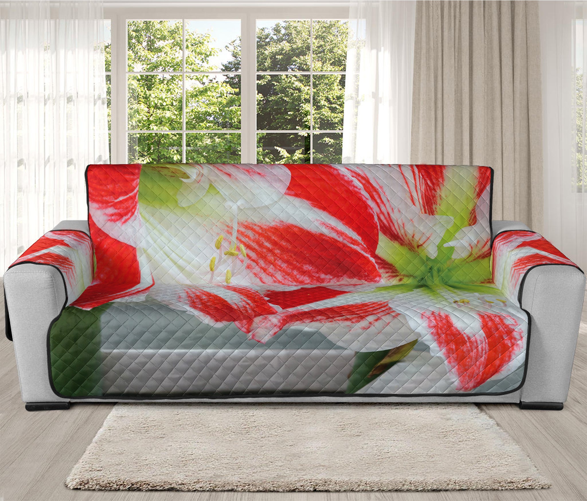 Red And White Amaryllis Print Oversized Sofa Protector