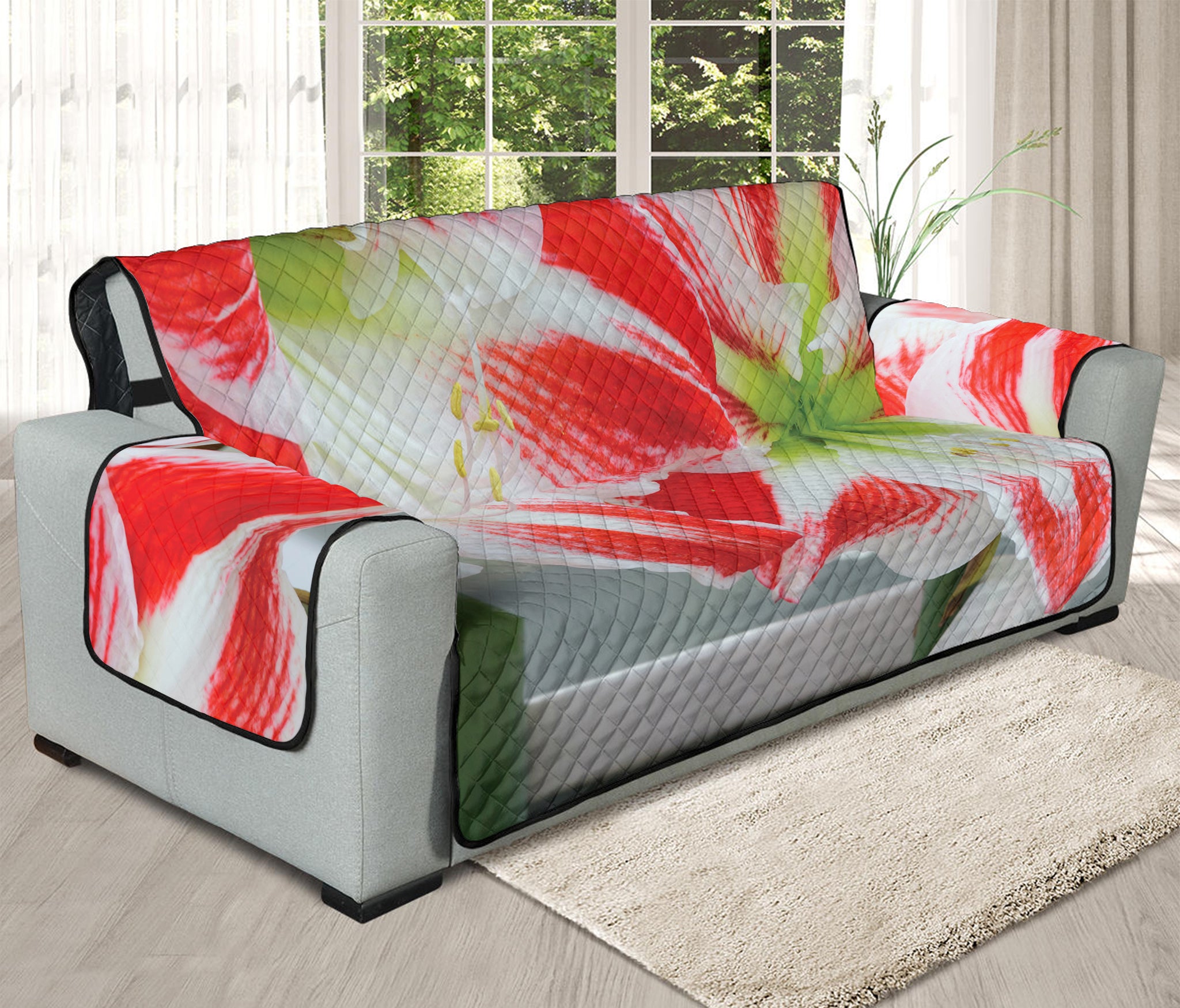 Red And White Amaryllis Print Oversized Sofa Protector