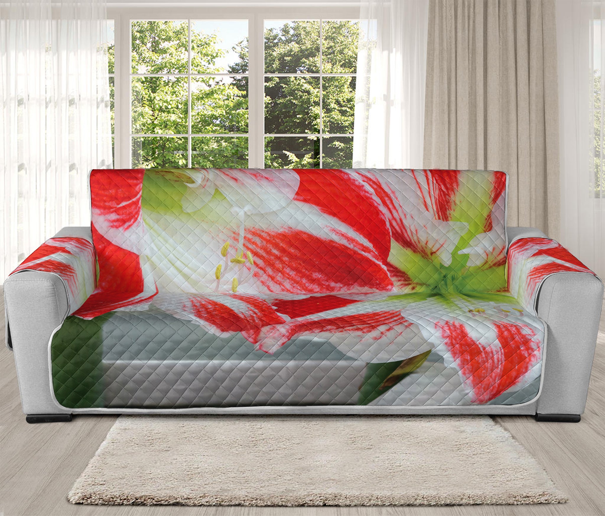 Red And White Amaryllis Print Oversized Sofa Protector