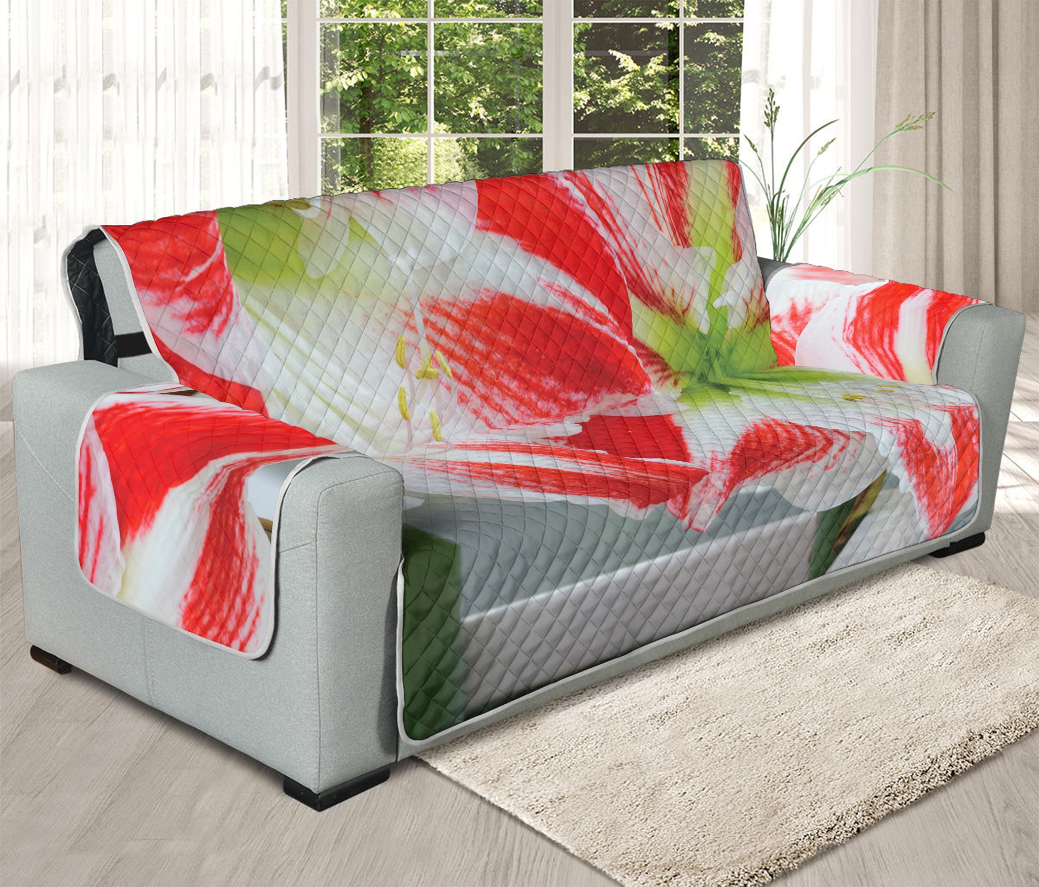 Red And White Amaryllis Print Oversized Sofa Protector