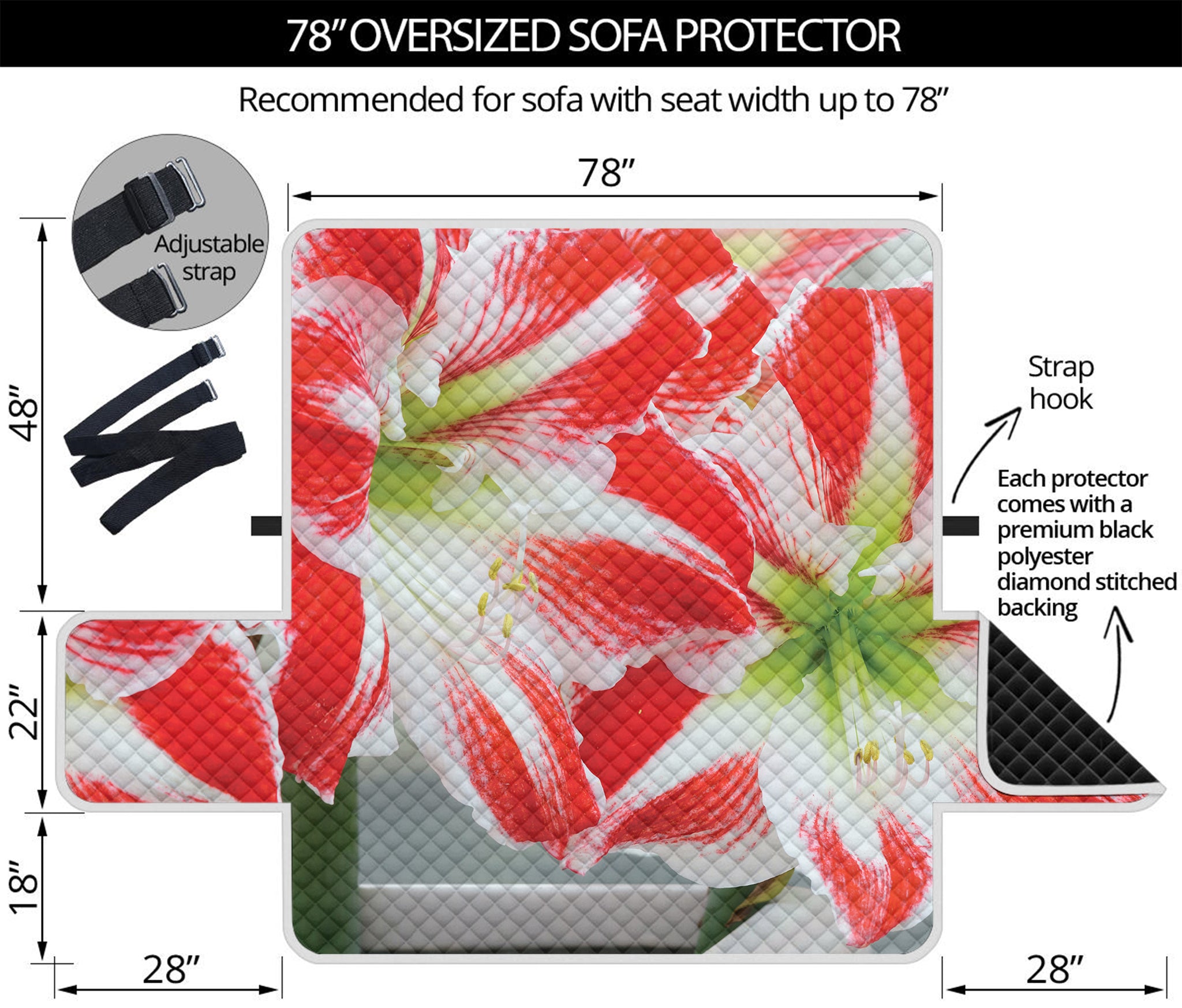 Red And White Amaryllis Print Oversized Sofa Protector