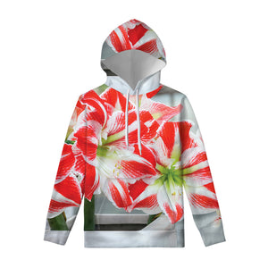 Red And White Amaryllis Print Pullover Hoodie