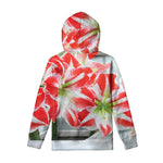 Red And White Amaryllis Print Pullover Hoodie