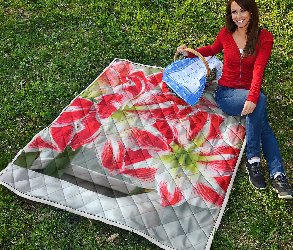 Red And White Amaryllis Print Quilt
