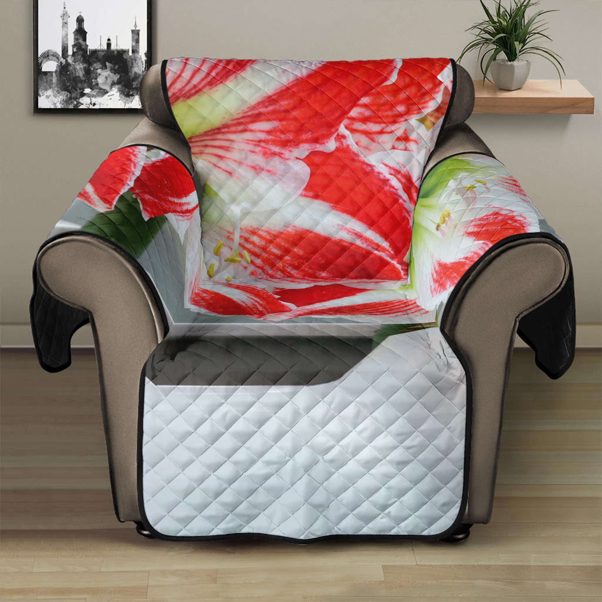 Red And White Amaryllis Print Recliner Protector