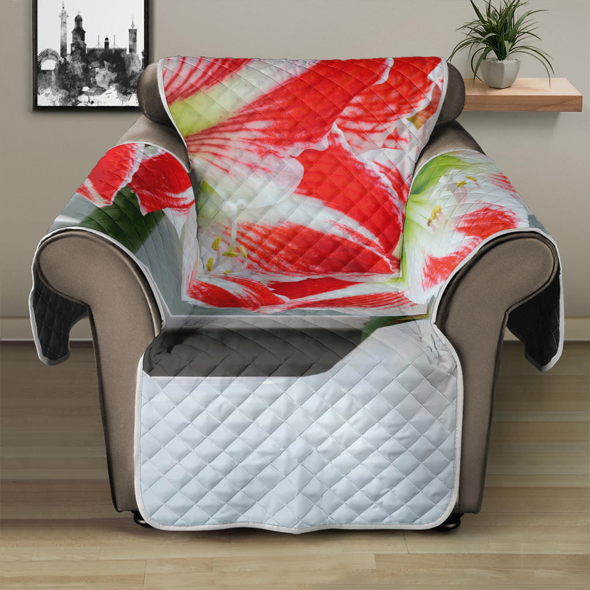 Red And White Amaryllis Print Recliner Protector