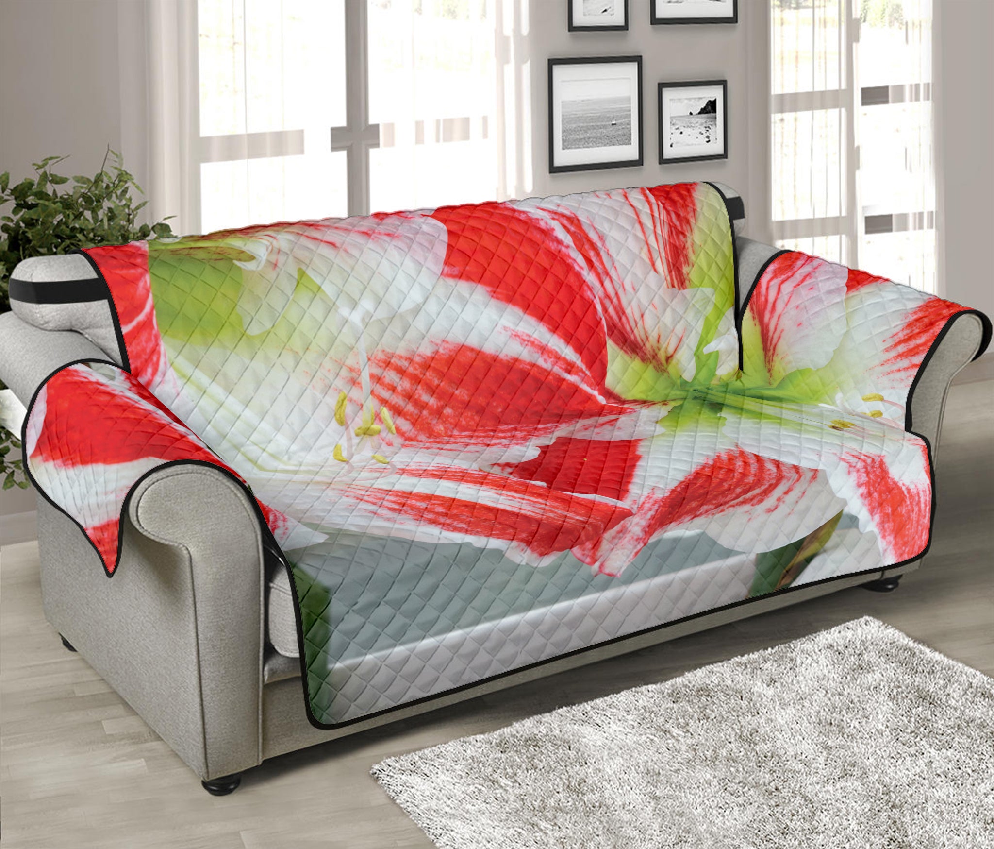 Red And White Amaryllis Print Sofa Protector