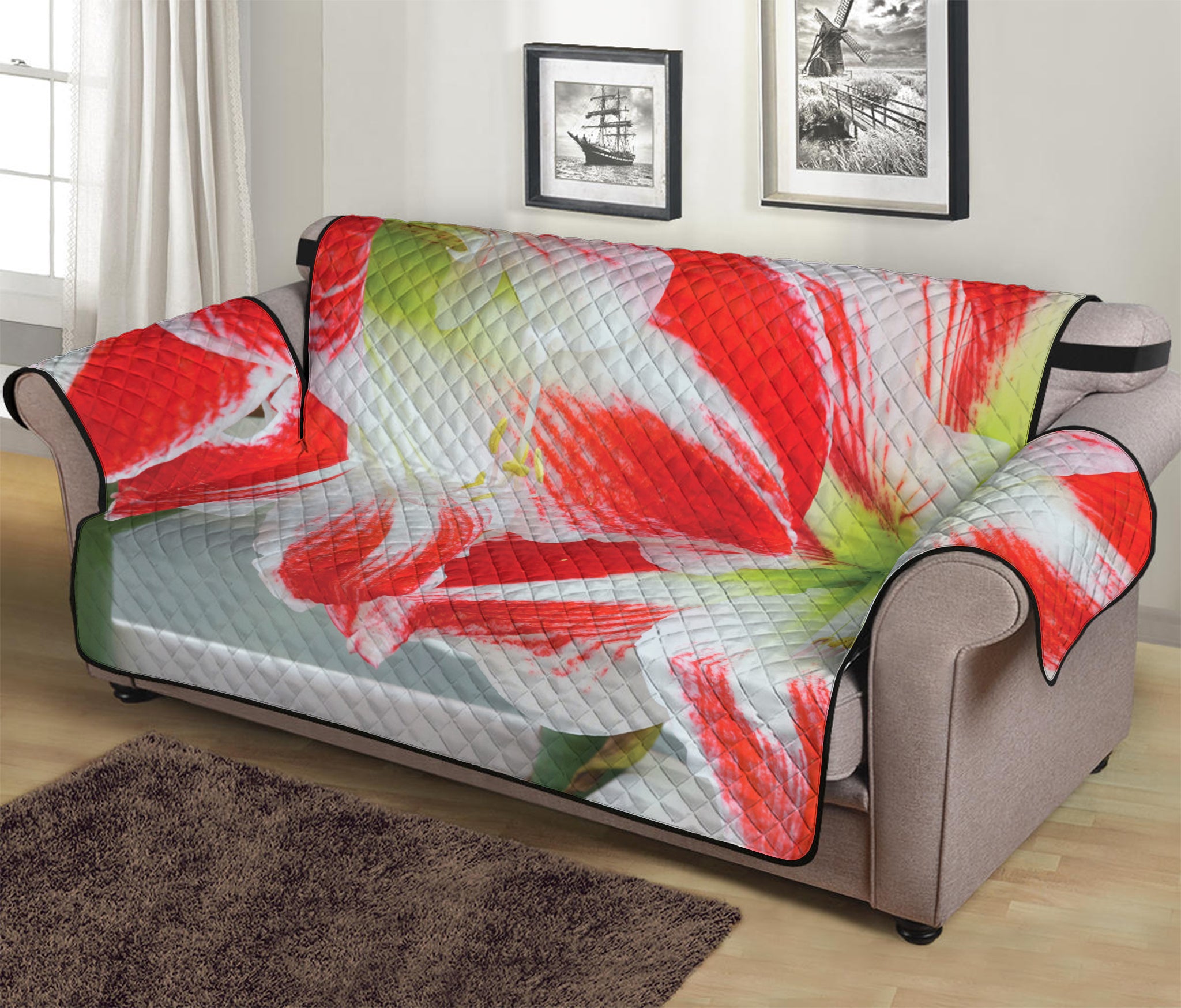 Red And White Amaryllis Print Sofa Protector