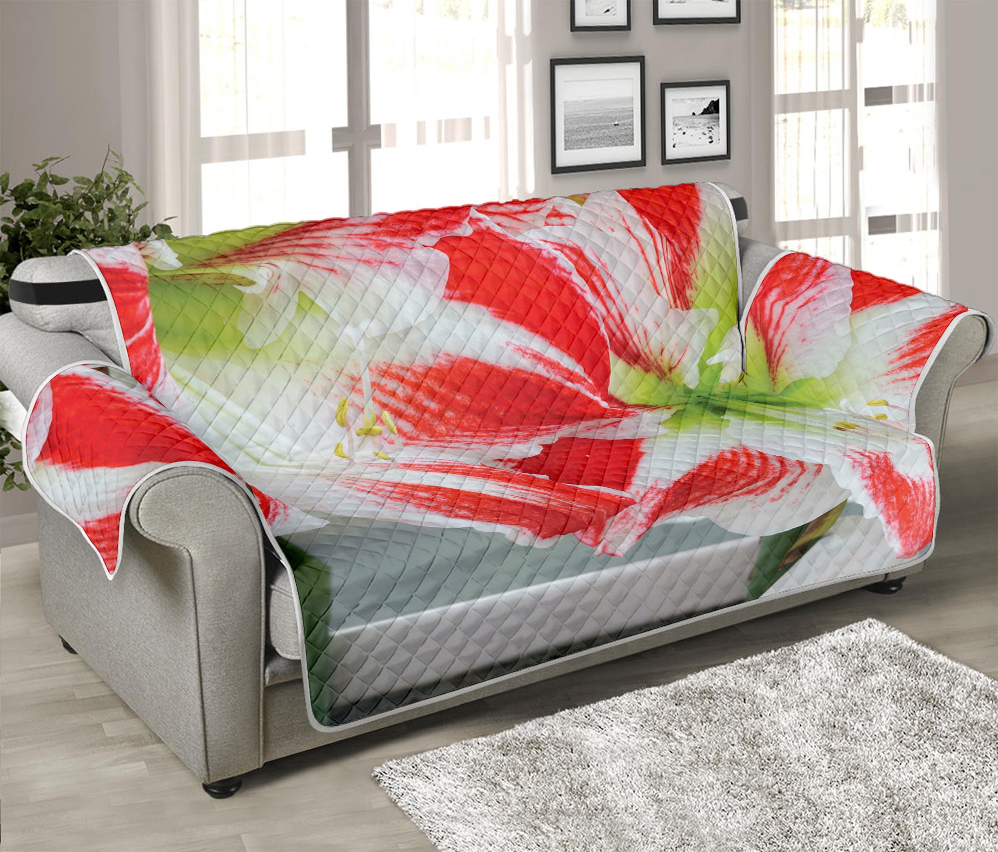 Red And White Amaryllis Print Sofa Protector