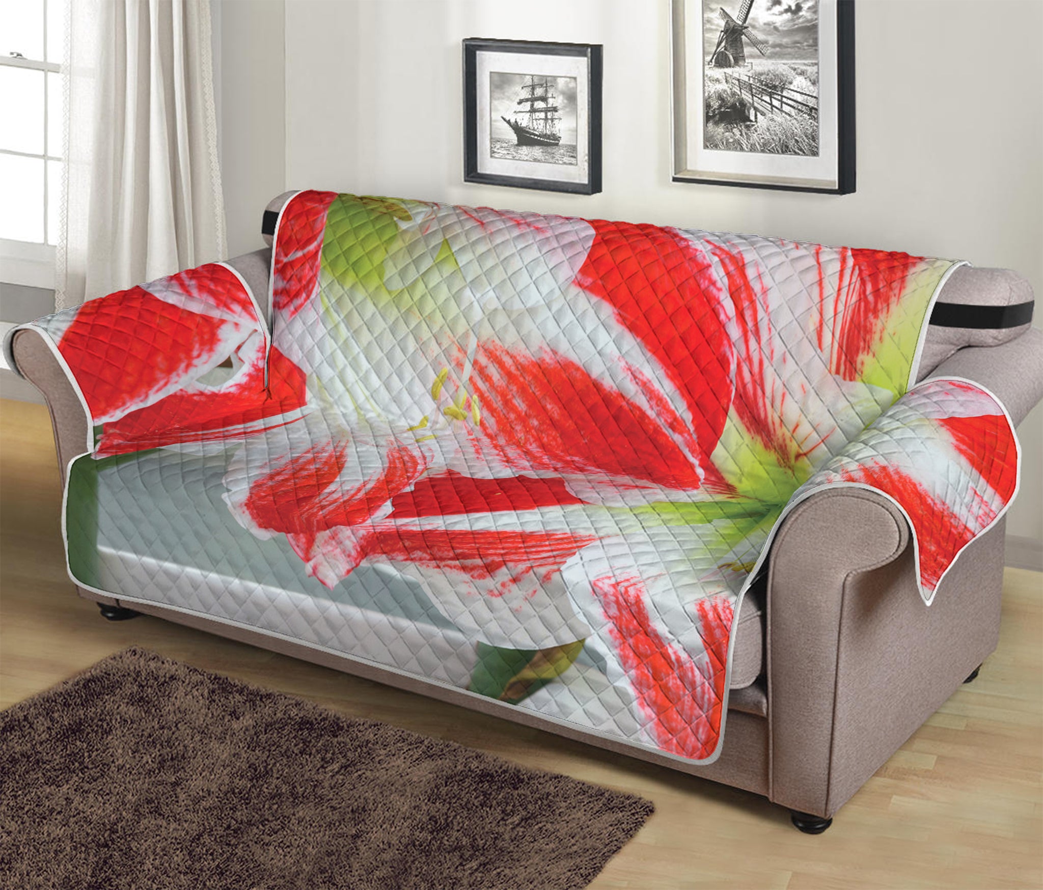 Red And White Amaryllis Print Sofa Protector