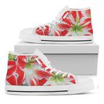 Red And White Amaryllis Print White High Top Shoes