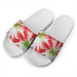 Red And White Amaryllis Print White Slide Sandals