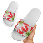 Red And White Amaryllis Print White Slide Sandals
