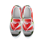 Red And White Amaryllis Print White Slip On Shoes