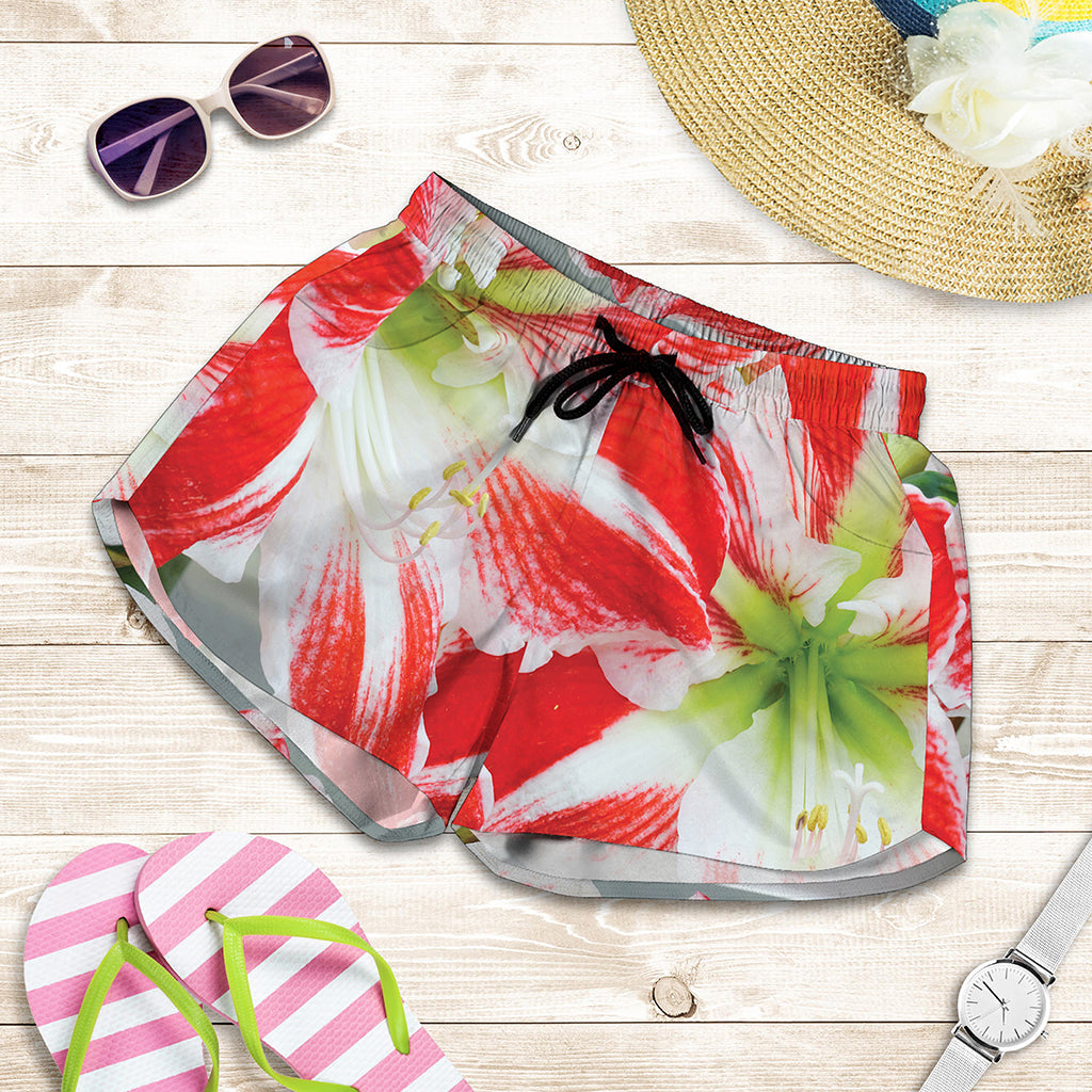 Red And White Amaryllis Print Women's Shorts