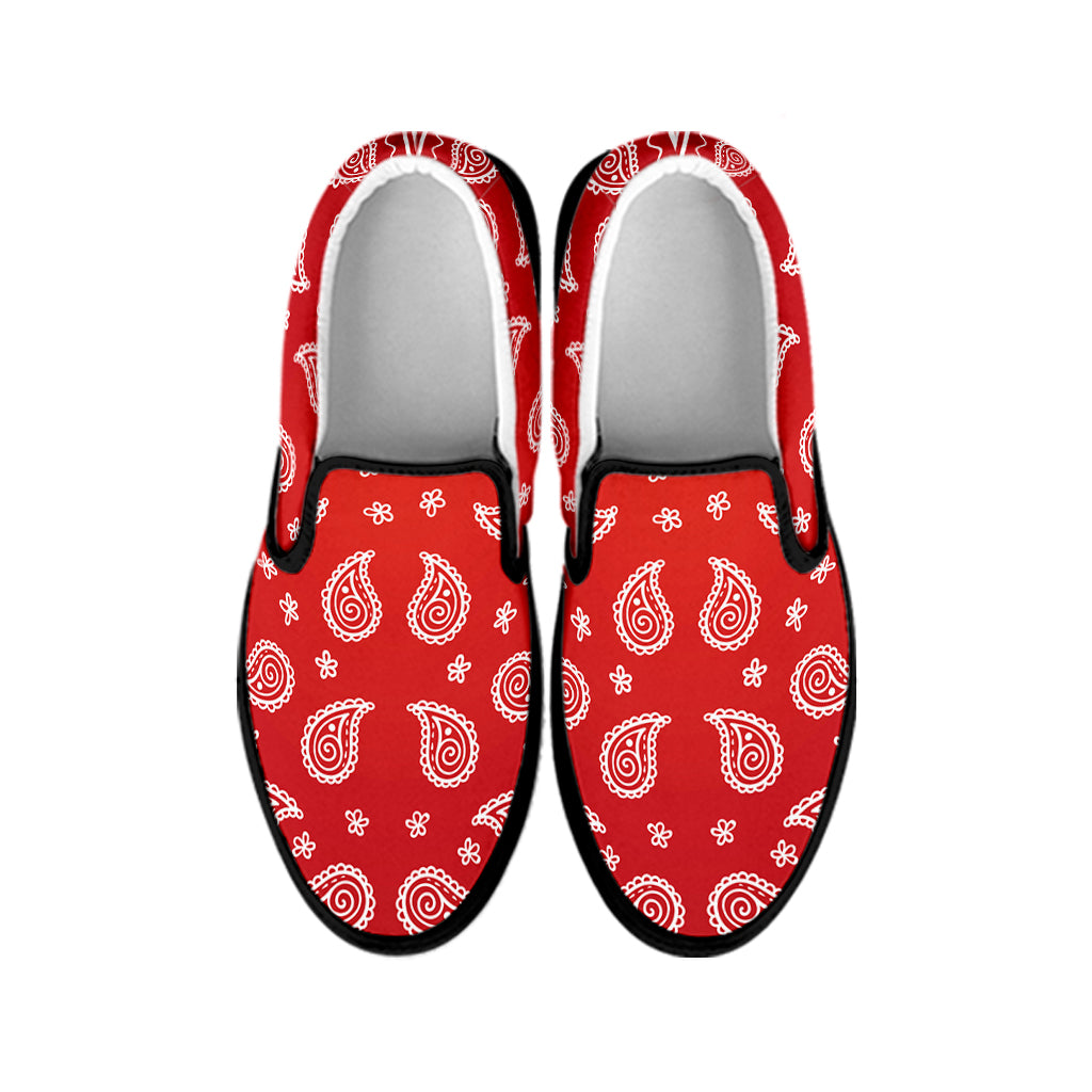 Red And White Bandana Print Black Slip On Shoes