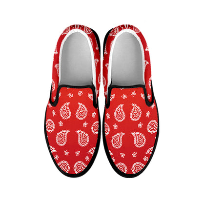 Red And White Bandana Print Black Slip On Shoes