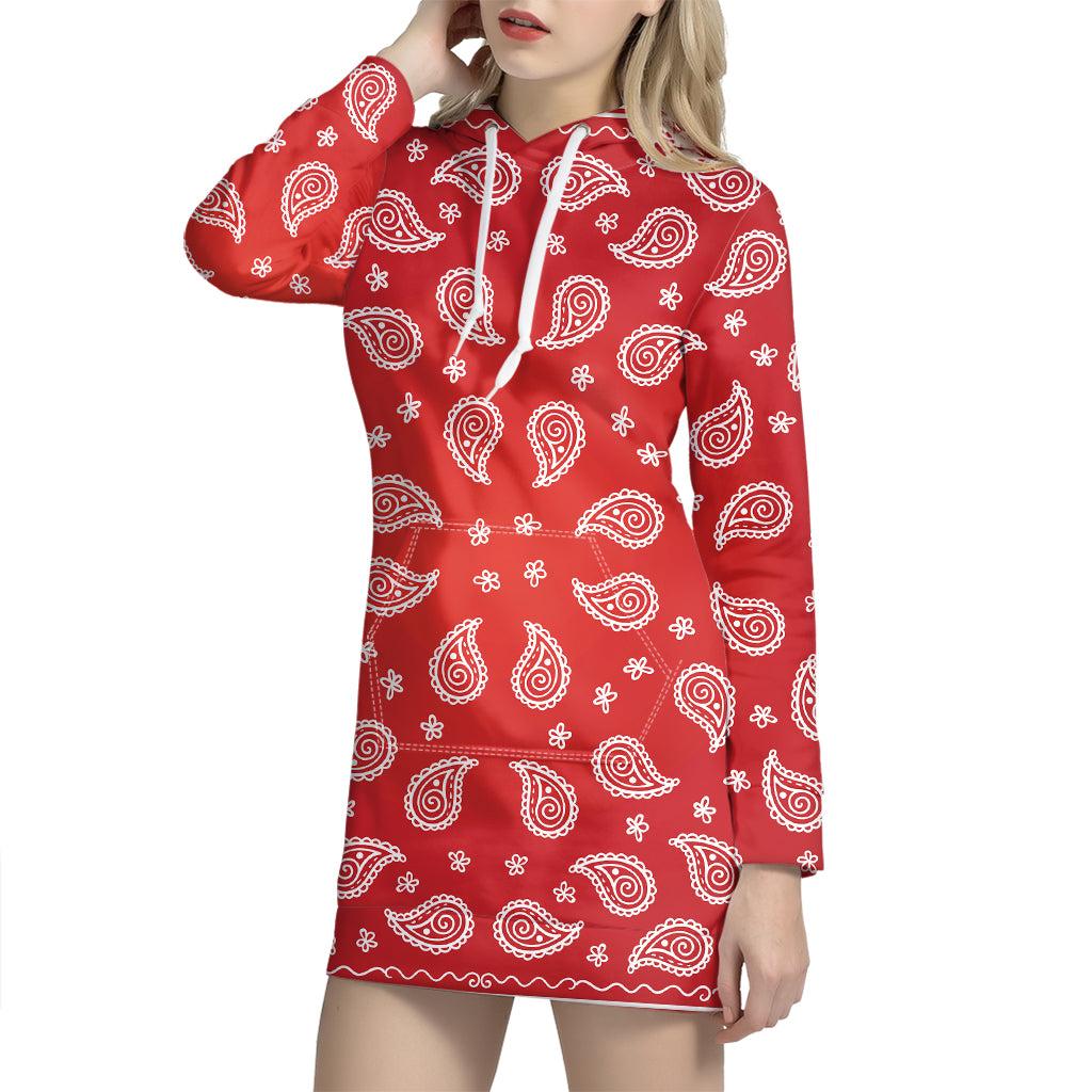 Red And White Bandana Print Pullover Hoodie Dress