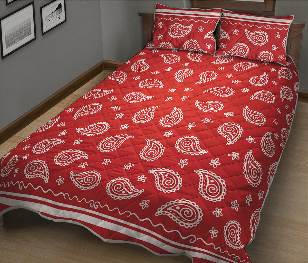 Red And White Bandana Print Quilt Bed Set