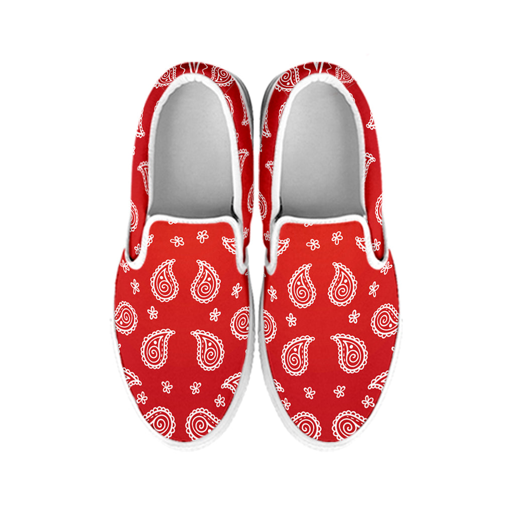 Red And White Bandana Print White Slip On Shoes