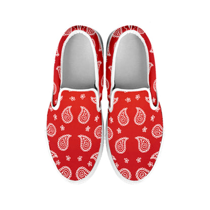 Red And White Bandana Print White Slip On Shoes