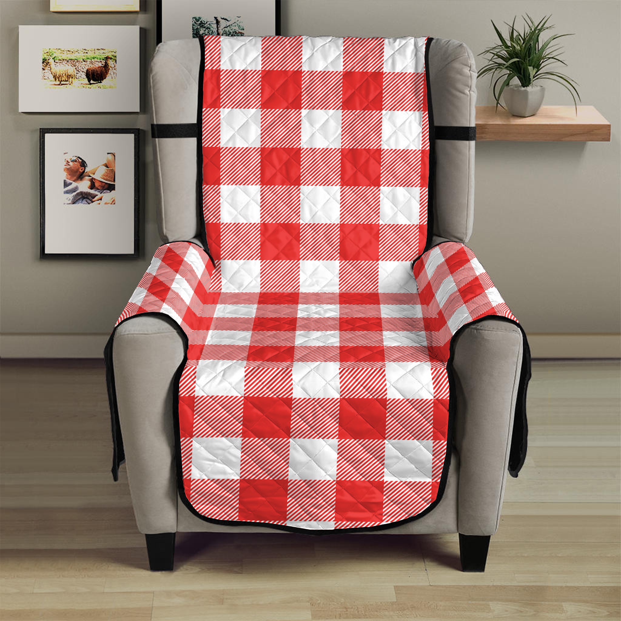 Red And White Buffalo Check Print Armchair Protector