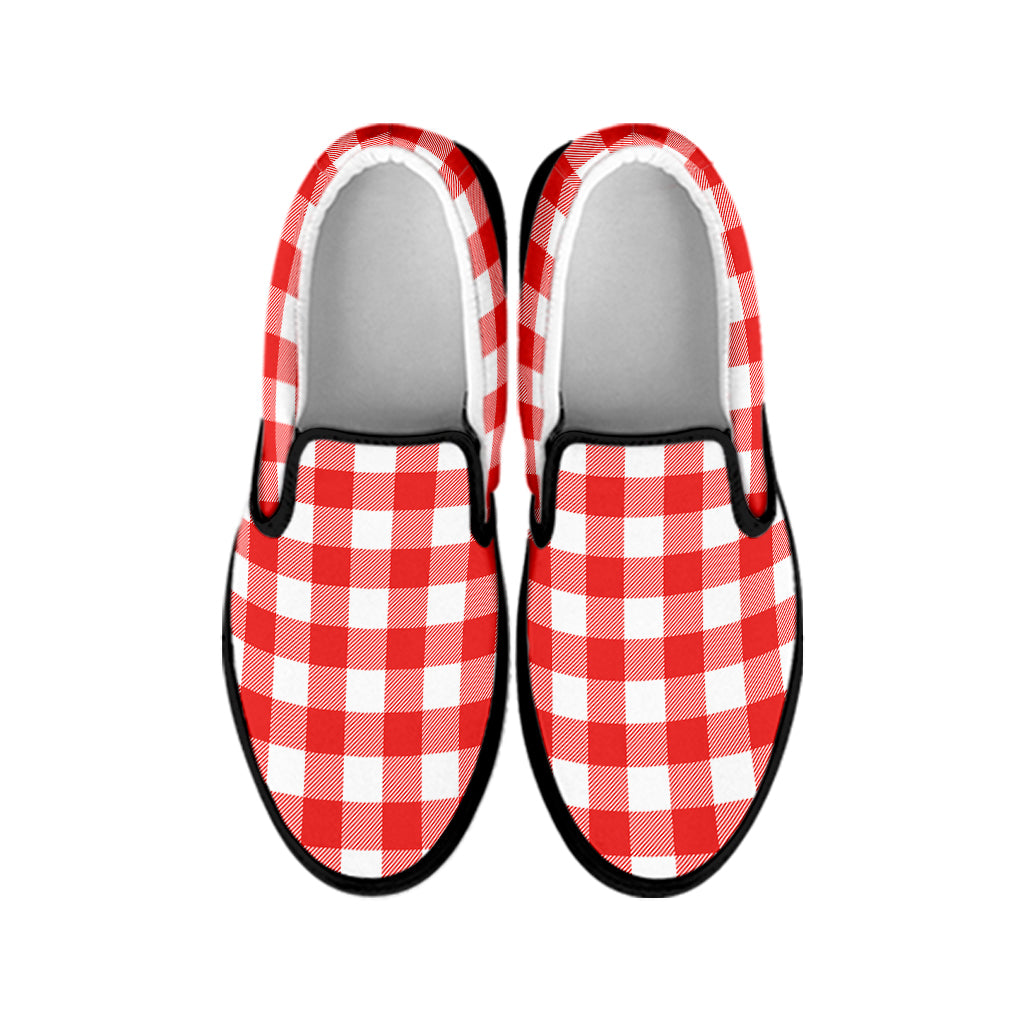 Red And White Buffalo Check Print Black Slip On Shoes