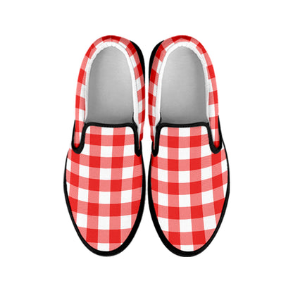 Red And White Buffalo Check Print Black Slip On Shoes