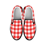 Red And White Buffalo Check Print Black Slip On Shoes