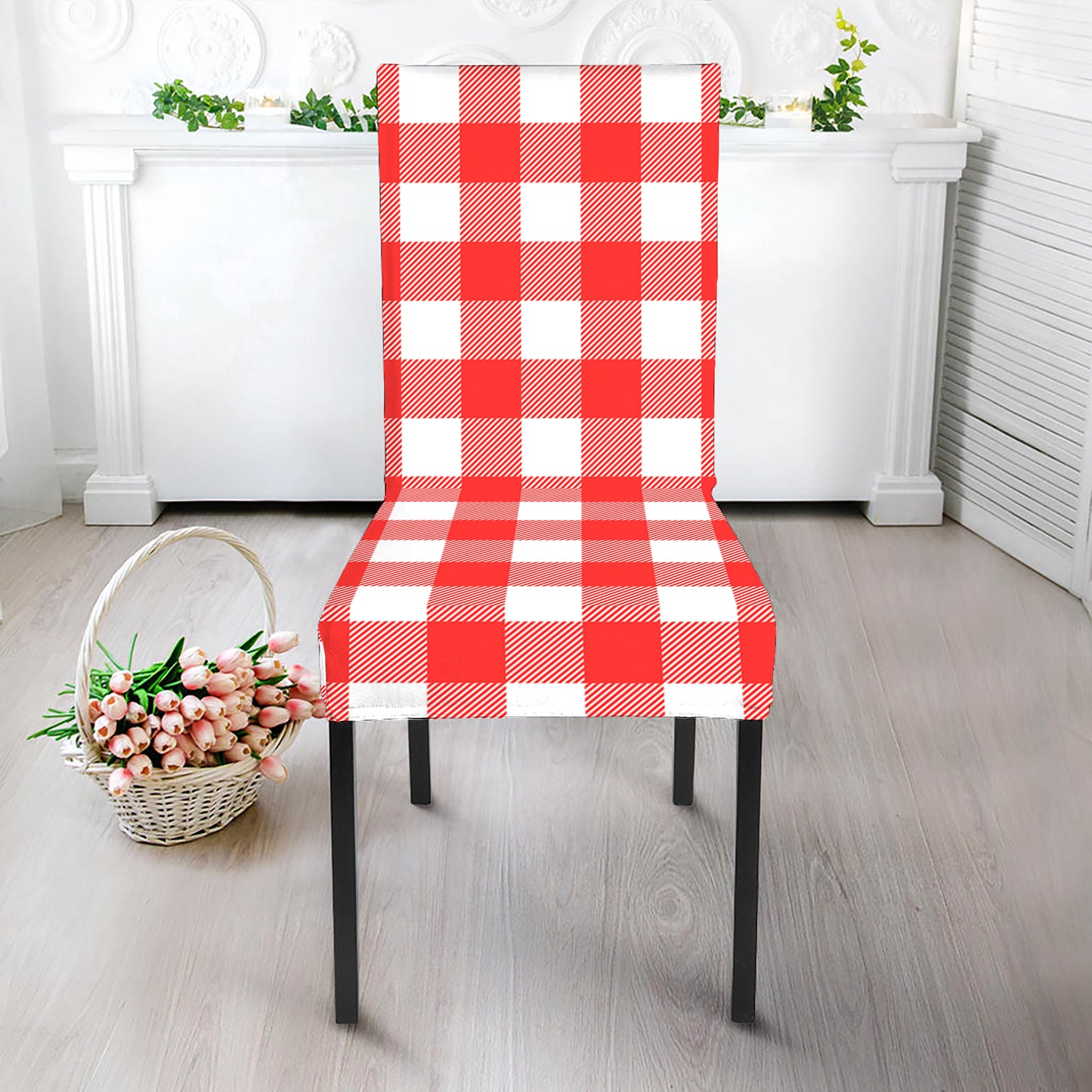 Red And White Buffalo Check Print Dining Chair Slipcover