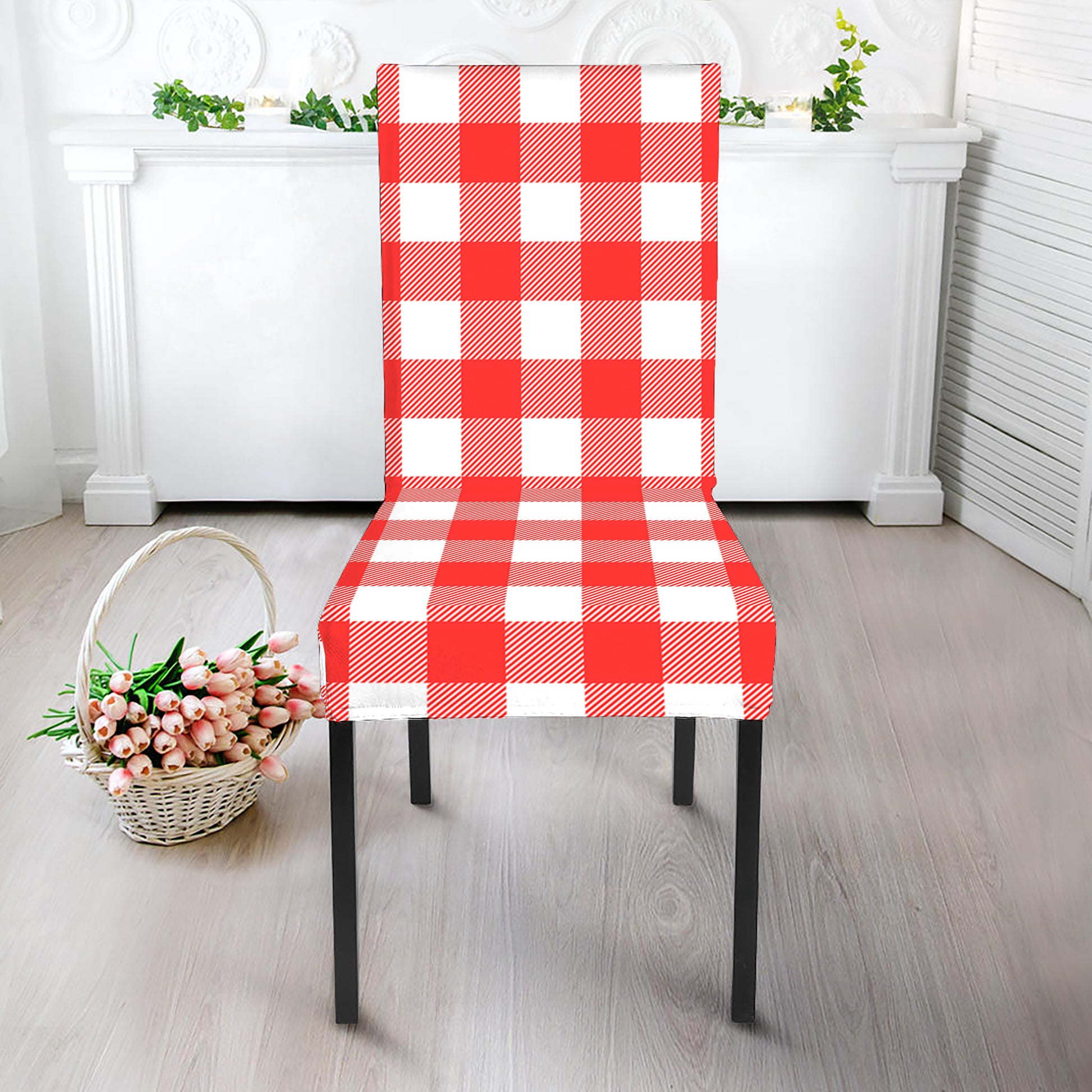 Red And White Buffalo Check Print Dining Chair Slipcover