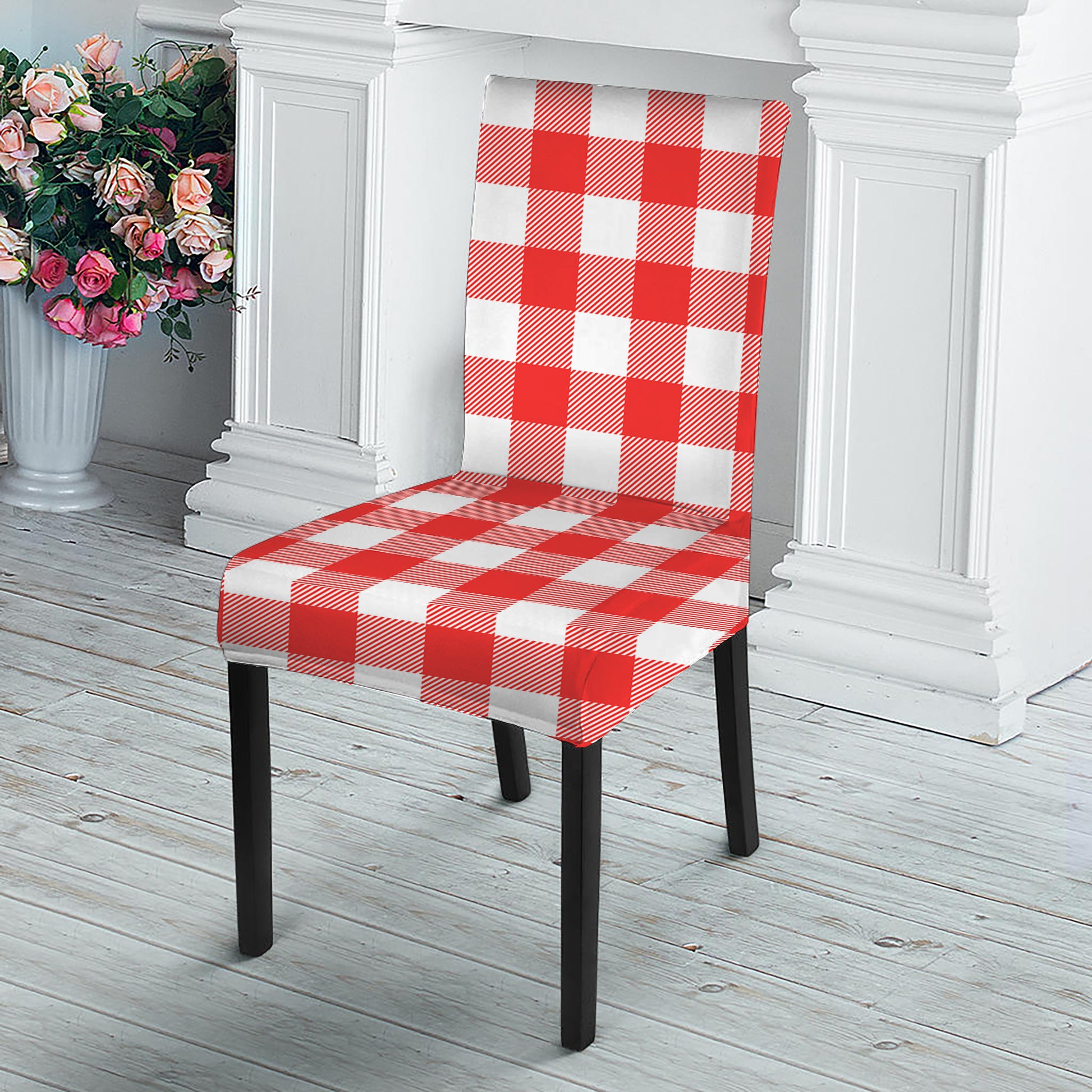Red And White Buffalo Check Print Dining Chair Slipcover