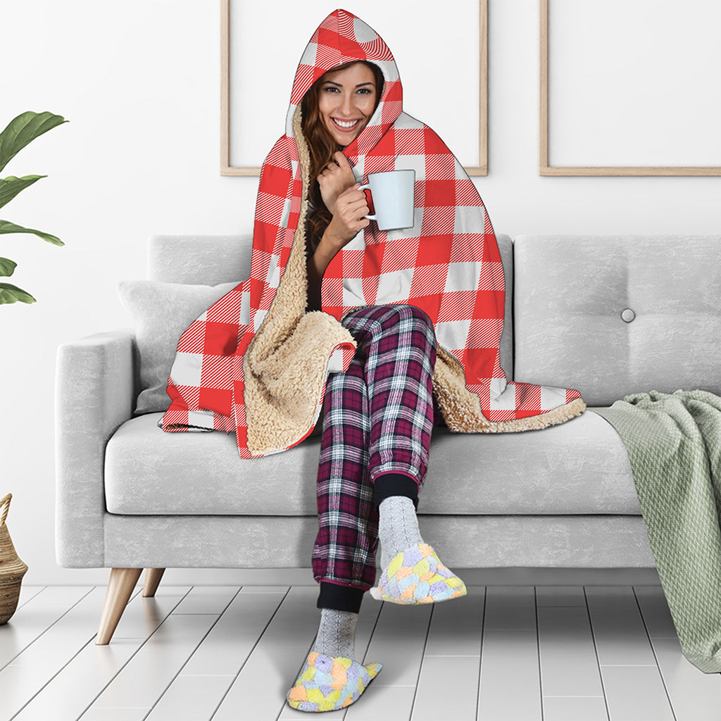 Red And White Buffalo Check Print Hooded Blanket
