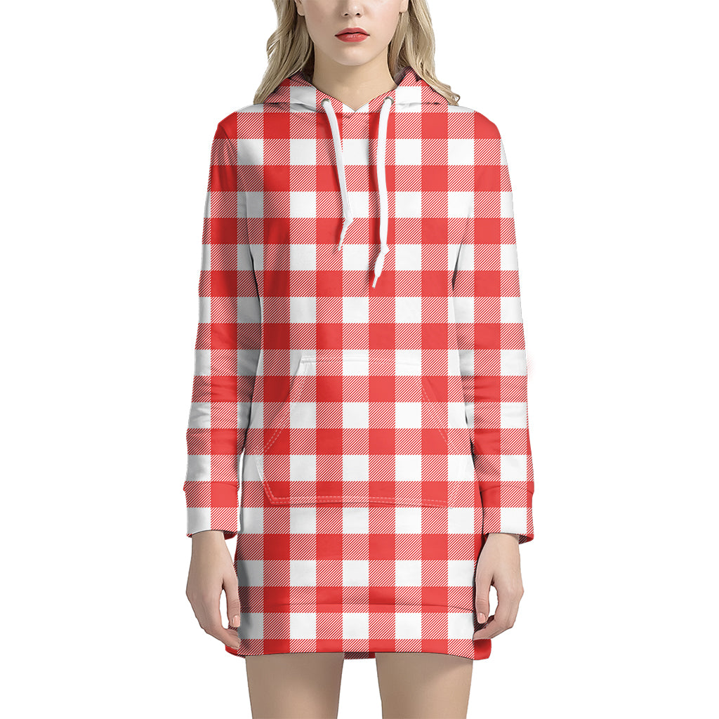 Red And White Buffalo Check Print Hoodie Dress
