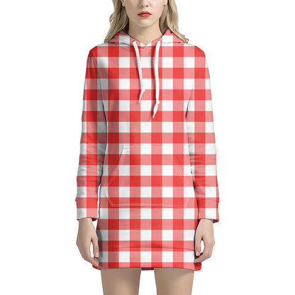 Red And White Buffalo Check Print Hoodie Dress
