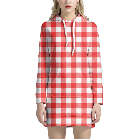 Red And White Buffalo Check Print Hoodie Dress