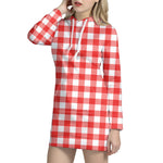 Red And White Buffalo Check Print Hoodie Dress