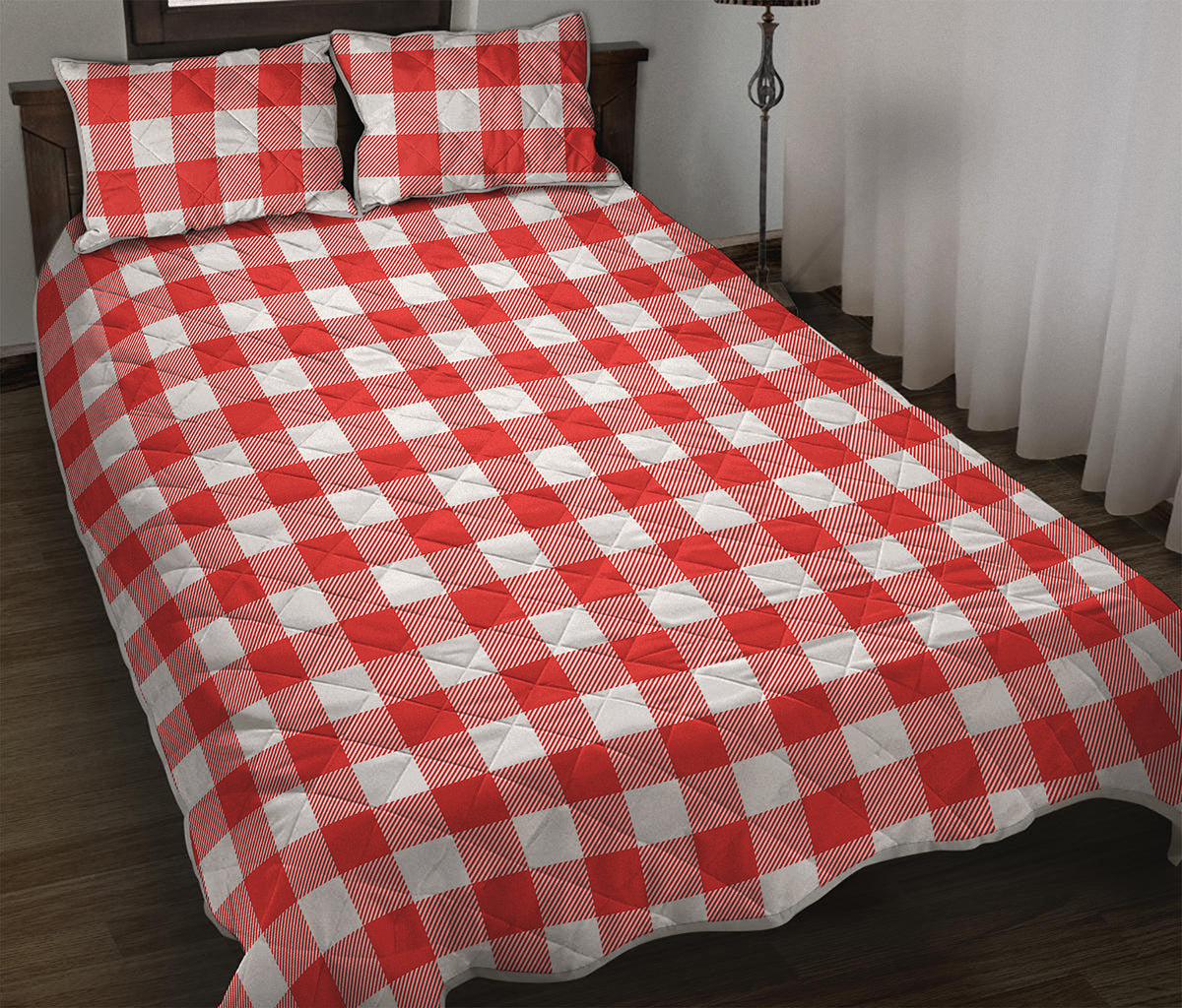 Red And White Buffalo Check Print Quilt Bed Set
