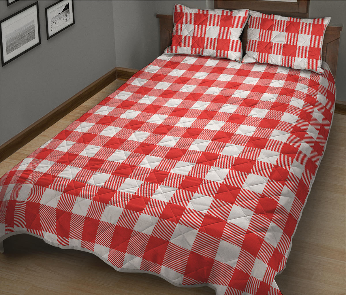 Red And White Buffalo Check Print Quilt Bed Set