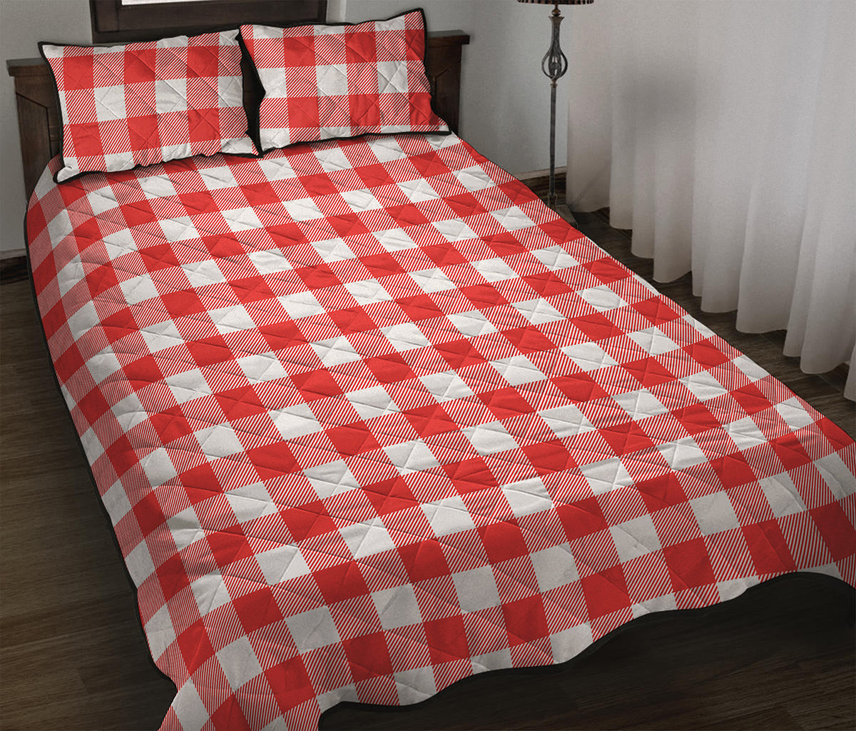 Red And White Buffalo Check Print Quilt Bed Set