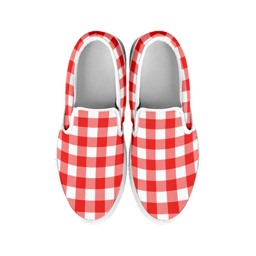 Red And White Buffalo Check Print White Slip On Shoes