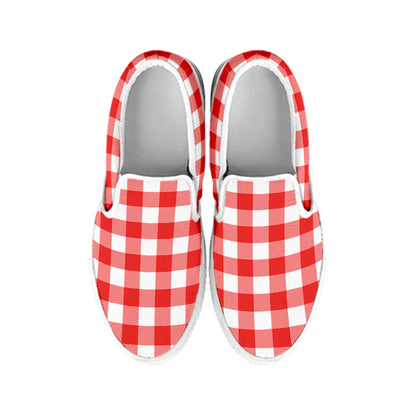 Red And White Buffalo Check Print White Slip On Shoes