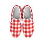 Red And White Buffalo Check Print White Slip On Shoes