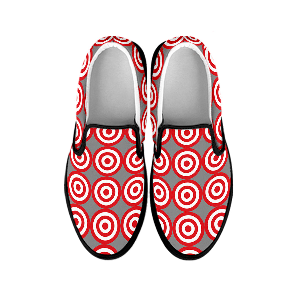 Red And White Bullseye Target Print Black Slip On Shoes