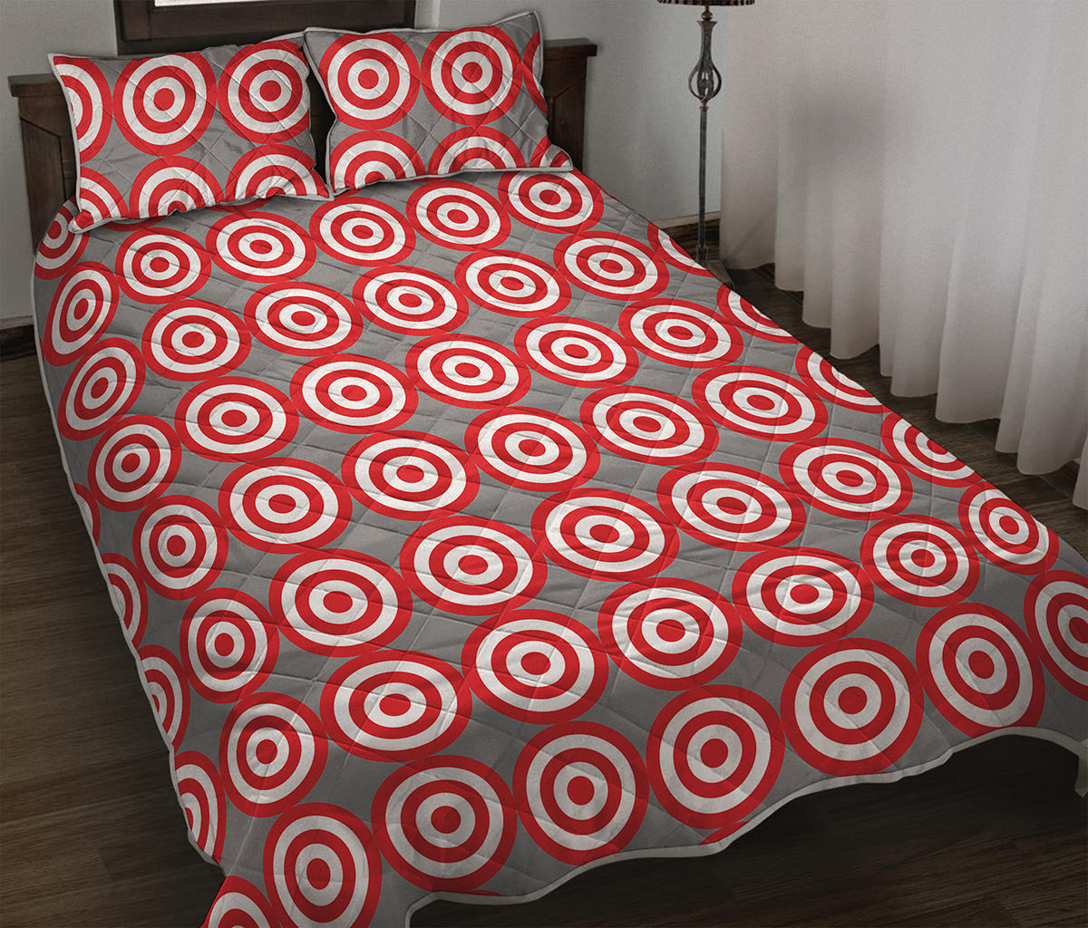 Red And White Bullseye Target Print Quilt Bed Set