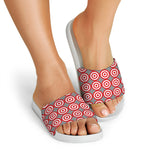 Red And White Bullseye Target Print White Slide Sandals
