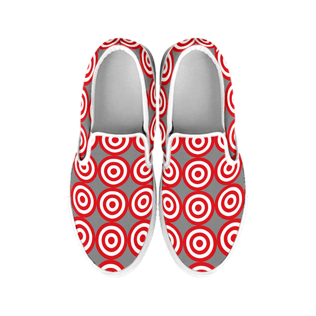 Red And White Bullseye Target Print White Slip On Shoes