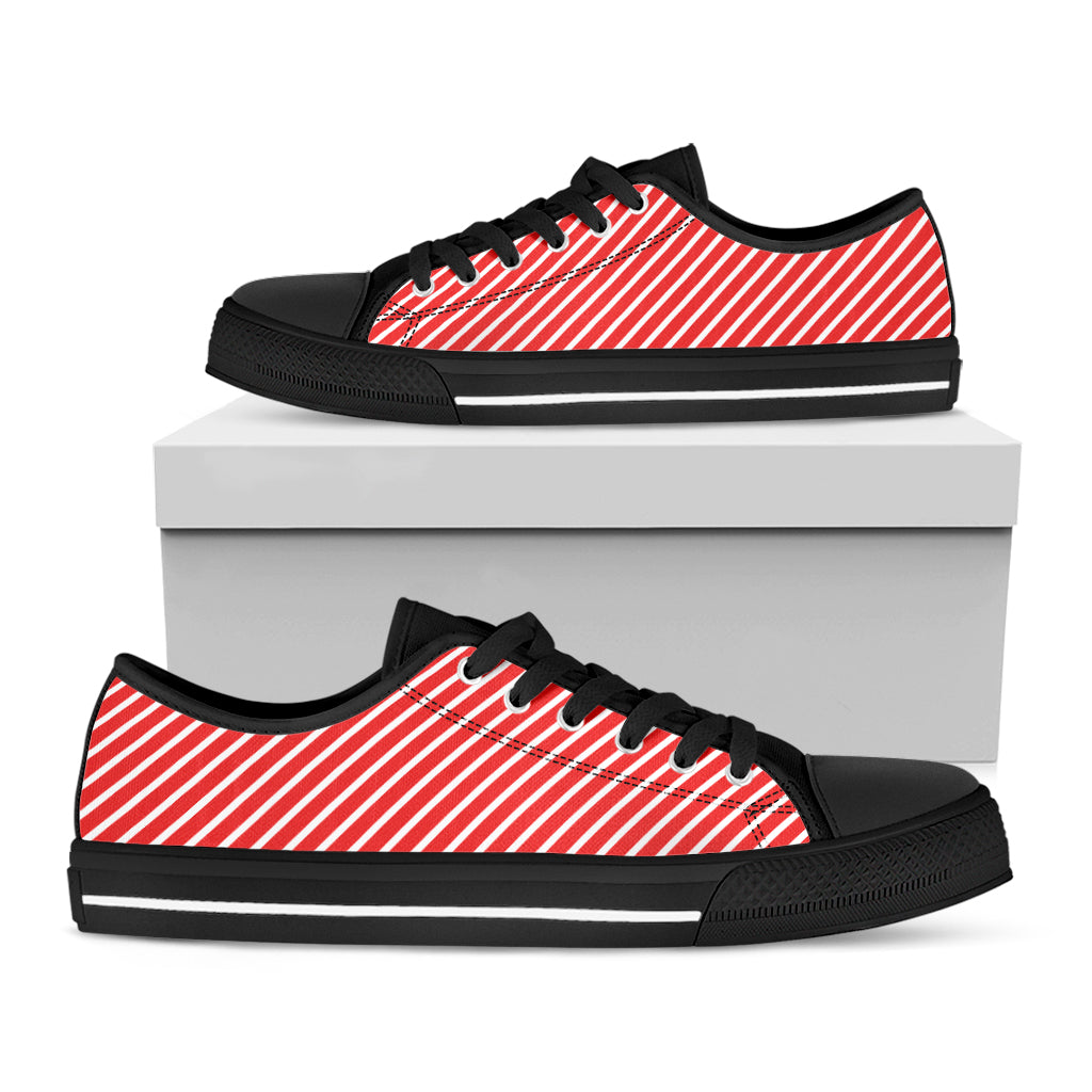 Red And White Candy Cane Pattern Print Black Low Top Shoes