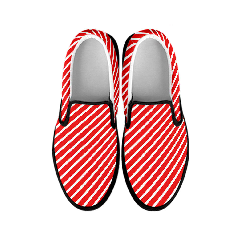 Red And White Candy Cane Pattern Print Black Slip On Shoes