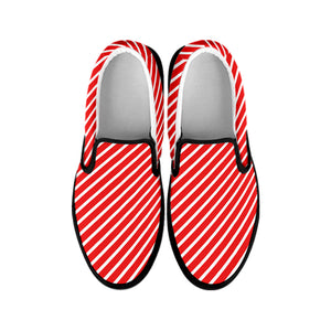 Red And White Candy Cane Pattern Print Black Slip On Shoes